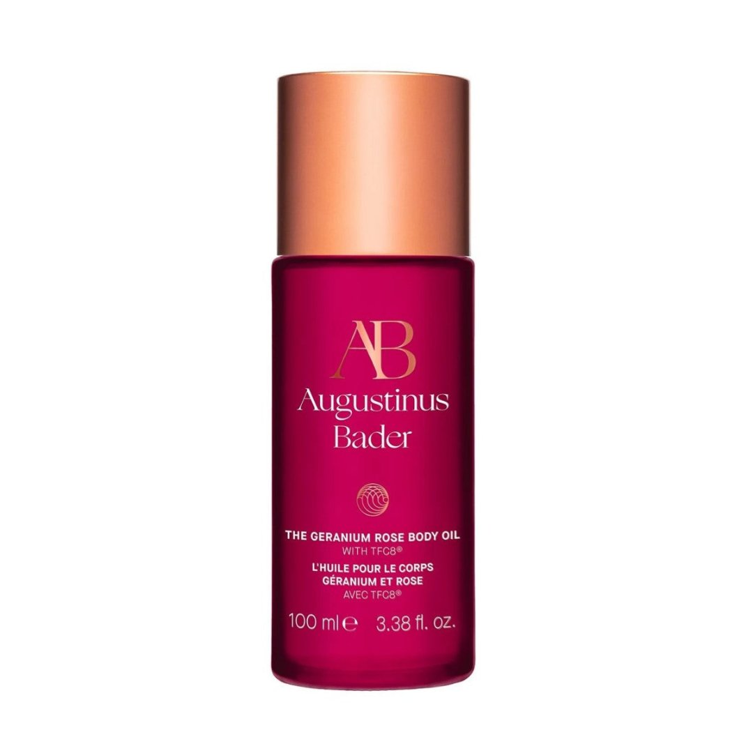 Augustinus Bader Anwendung von The Geranium Rose Body Oil, Verpackung und Textur des Körperöls, Natürliche Inhaltsstoffe wie Geranium und Rose