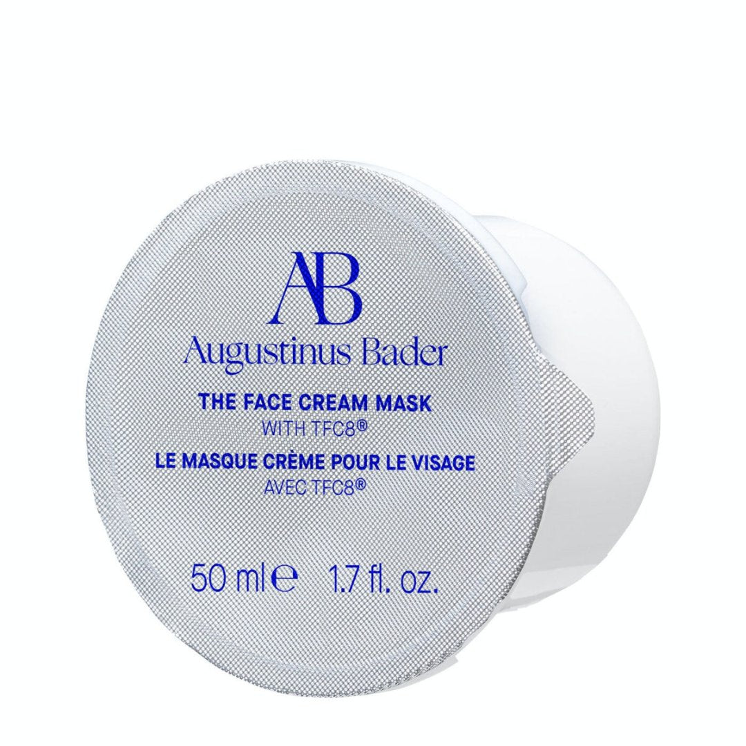 Augustinus Bader Auftragen von The Face Cream Mask mit Zamac-Applikator, Vor und nach Bildern von The Cream Mask Anwendung, Verpackung von The Cream Mask