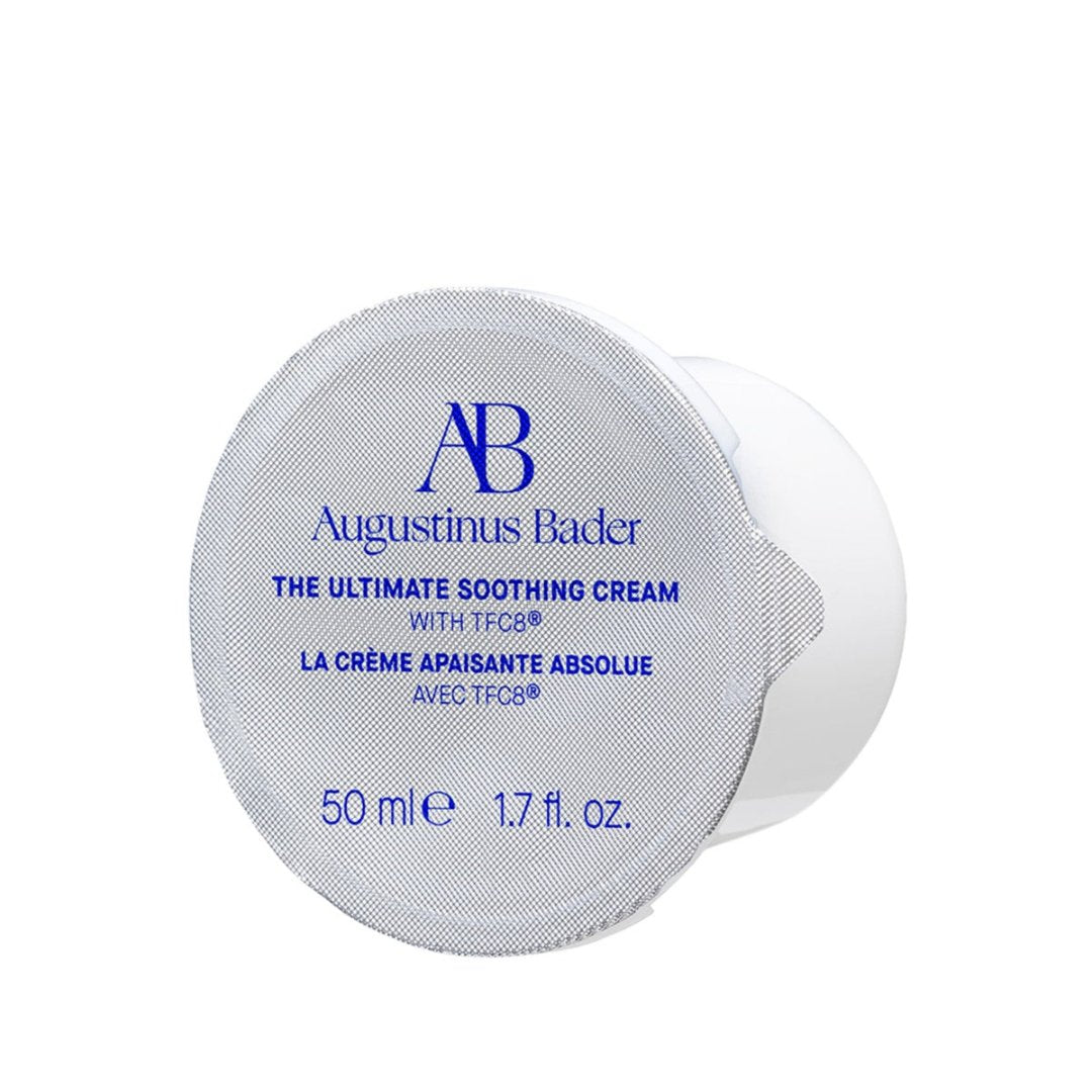 Augustinus Bader Anwendung von The Ultimate Soothing Cream, Packung von The Ultimate Soothing Cream, Ergebnis nach der Anwendung der Creme